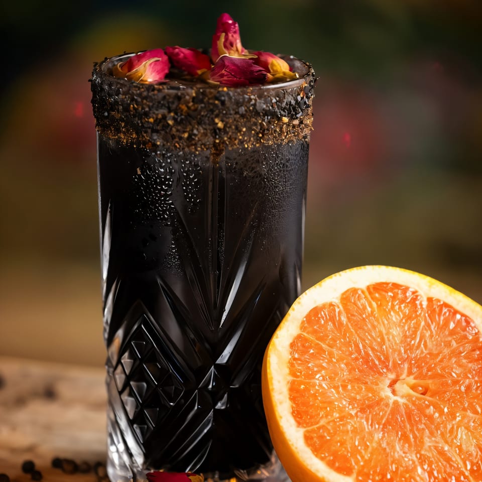 Dark cocktail with a spiced rim and rosebud garnish, next to a sliced grapefruit.