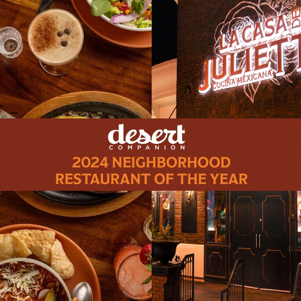 Collage of La Casa De Juliette's Mexican food, drinks, exterior, and a 'Restaurant of the Year' award.