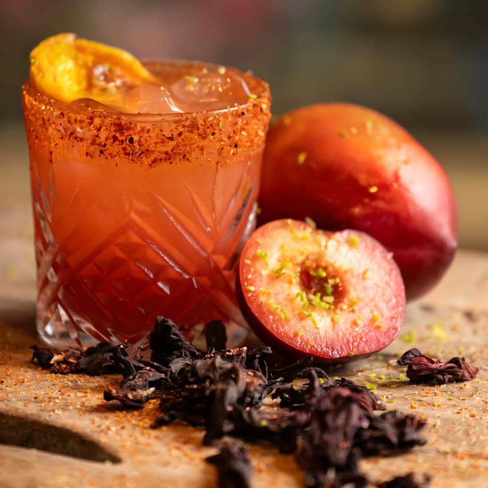 A vibrant red cocktail with a chili-lime rim, garnished with orange peel, next to a sliced plum and dried hibiscus.