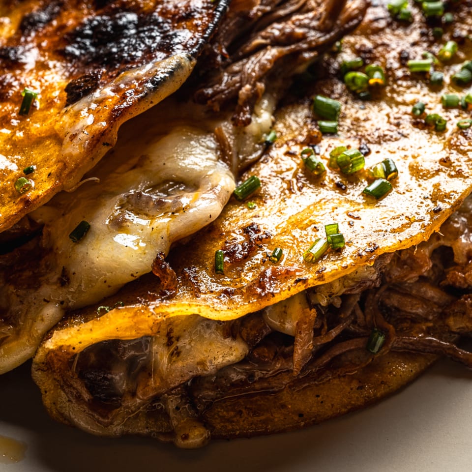 Close-up of a golden-brown quesadilla from La Casa De Juliette, filled with melted cheese and meat, garnished with chives.