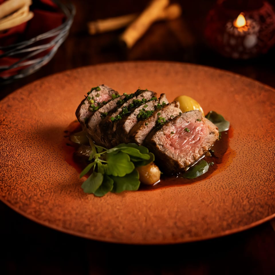 Sliced medium-rare steak with chives, greens, and small potatoes on a rustic orange plate.
