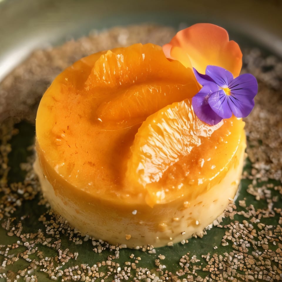 Orange flan dessert topped with fresh orange slices and edible purple and orange flowers.